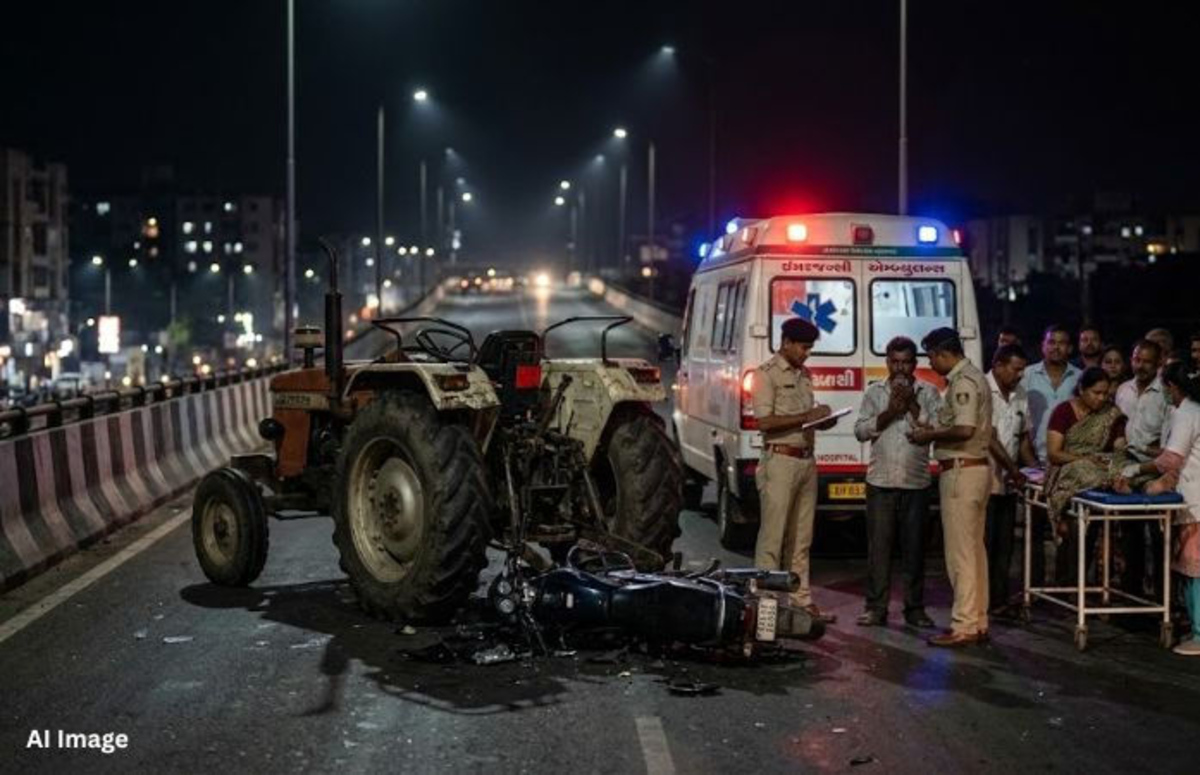 Surat: વરાછા ઓવરબ્રિજ પર બાઇક ટ્રેક્ટર સાથે અથડાતાં પિતા, પુત્ર અને ભત્રીજાના મોત