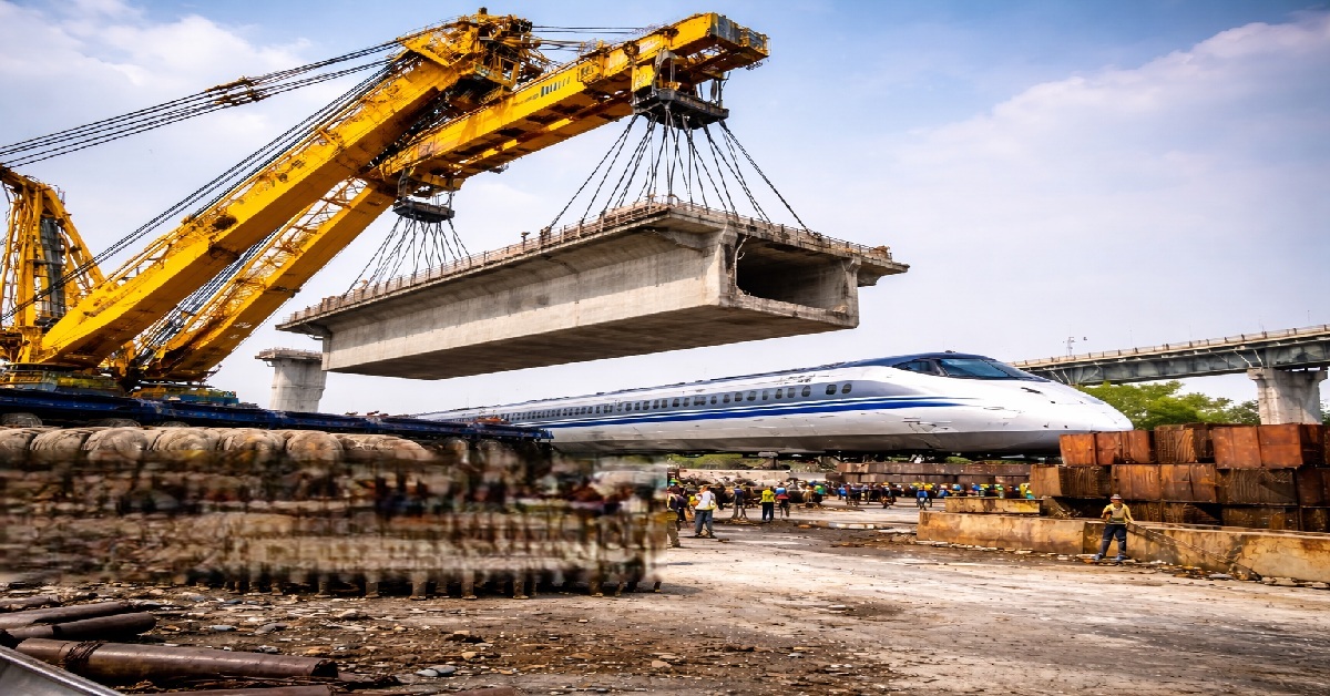 150 હાથીઓનું વજન ઉપાડવા સક્ષમ ક્રેન! Ahmedabad-Mumbai bullet train ટ્રેકના નિર્માણમાં એક સીમાચિહ્નરૂપ પગલું…