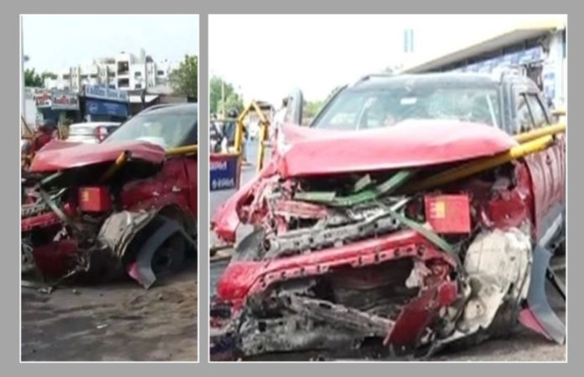 Ahmedabad: રબારી કોલોની ચાર રસ્તા પાસે એક ઝડપથી આવતી કાર BRTS રેલિંગ તોડીને પાટા પર ચઢી ગઈ, કારને ભારે નુકસાન