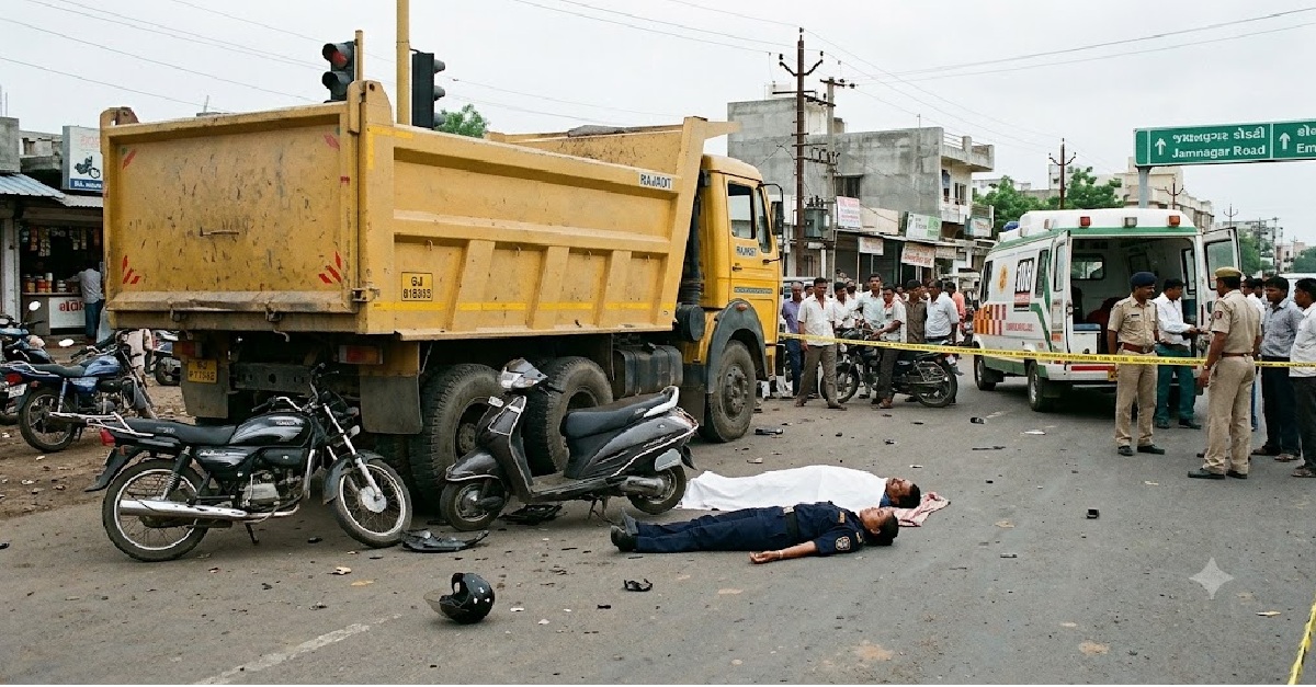 Rajkotમાં ટ્રક-બાઇક અકસ્માત, સિક્યુરિટી ગાર્ડ મહિલા અને સ્કૂટરચાલકના જીવ ગયા